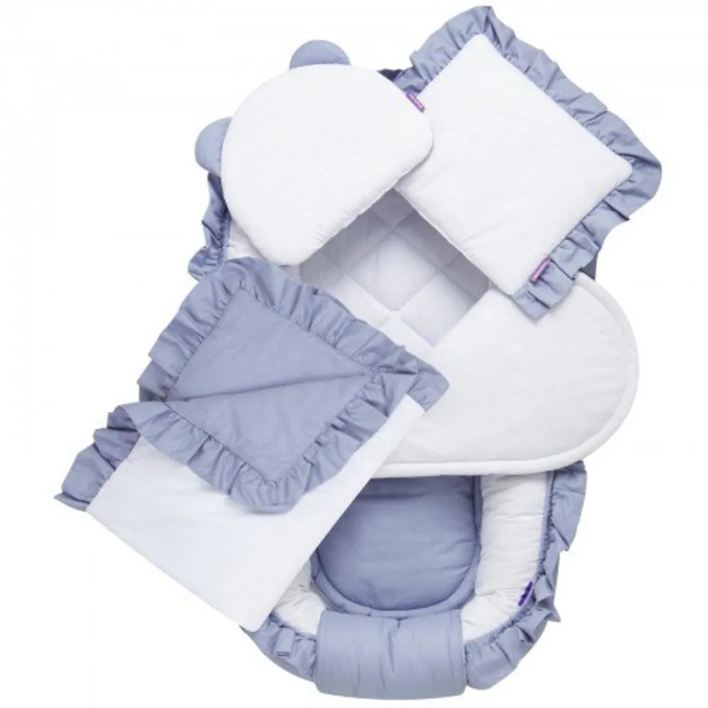 JUKKI® Baby Nestchen 5tlg BAUMWOLLE SET für Neugeborene [Pastel Blue] 2seitig 100x55cm Babynest + Matratze + Decke + 2xKissen